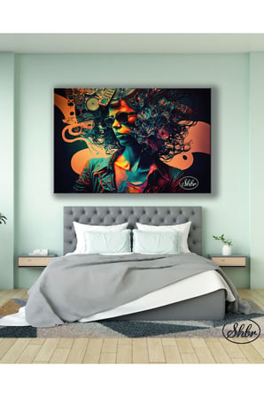 Tekli Yatay Kanvas Tablo Soyut Sanat Kadın Müzisyen Renkli Dekoratif Kanvas Duvar Tablosu