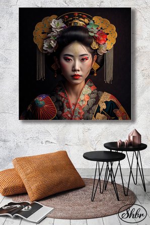 Tekli Kare Kanvas Duvar Tablosu Salon Yatak Odası Kafe Ofis Geleneksel Japon Kadın Portre