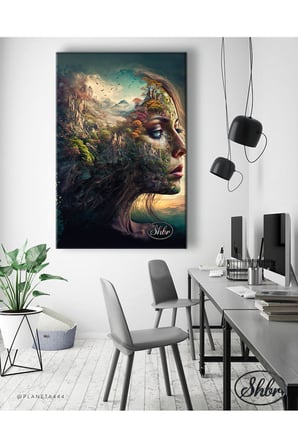 Tekli Dikey Kanvas Tablo Fusion Kız Portresi İllüstrasyon Dekoratif Kanvas Duvar Tablosu