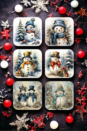 Kardan Adam Mutlu Yıllar - Yılbaşı - Yeni Yıl - Merry Christmas Ahşap Bardak Altlığı Seti 6 Adet