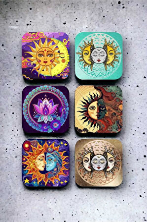 Sun and Moon Ahşap Bardak Altlığı Seti 6 Adet