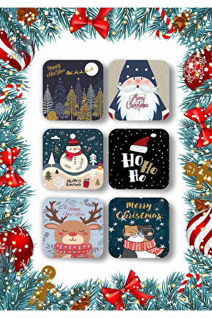 Mutlu Yıllar - Yılbaşı - Yeni Yıl - Merry Christmas Temalı Ahşap Bardak Altlığı Seti 6 Adet