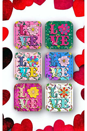 Love Aşk Temalı Ahşap Bardak Altlığı Seti 6 Adet