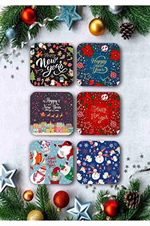Mutlu Yıllar - Yılbaşı - Yeni Yıl - Merry Christmas Temalı Ahşap Bardak Altlığı Seti 6 Adet