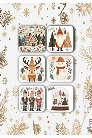 Mutlu Yıllar - Yılbaşı - Yeni Yıl - Merry Christmas Temalı Ahşap Bardak Altlığı Seti 6 Adet