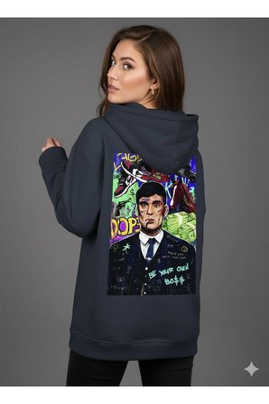 Lenithra Thomas Shelby Sırt Baskılı Unisex Oversize Hoodie Füme / 2XL