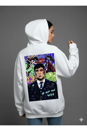 Lenithra Thomas Shelby Sırt Baskılı Unisex Oversize Hoodie Beyaz / XL