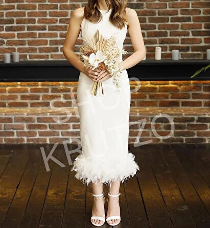 Beyaz Tüylü Otriş Detaylı Midi Boy Abiye Nişan Söz Nikah Evden Çıkış Elbisesi