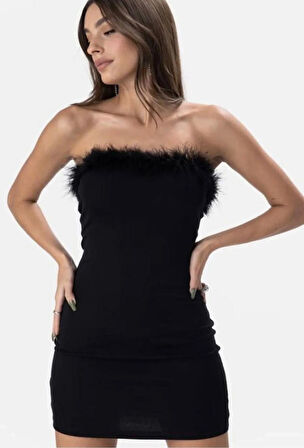 Siyah Straplez Kadın Mini Tüylü Abiye Gece Elbise
