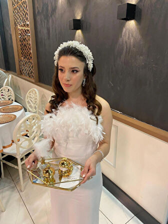 Kadın Beyaz Otriş Tüylü Straplez Gelin Abiye Nikah Elbise