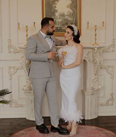 Kadın Beyaz Otriş Tüylü Straplez Gelin Abiye Nikah Elbise