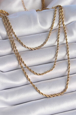316L Çelik Gold Renk 3 lü Burgu Zincir Model Kadın Kolye - TJ-BKO9346