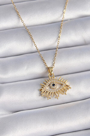 316L Çelik Gold Renk Zirkon Taşlı Göz Model Kadın Kolye - TJ-BKO9435