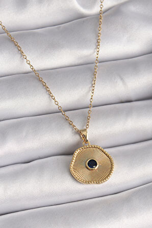 316L Çelik Gold Renk Zincir Siyah Zirkon Taş Madalyon Model Kadın Kolye - TJ-BKO9504