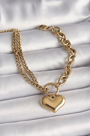 316L Çelik Gold Renk 2 Li Zincir Model Kalp Figür Kadın Bileklik - TJ-BB6727