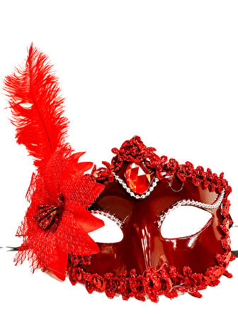 Kırmızı Güllü Ve Tüylü Venedik Maskesi