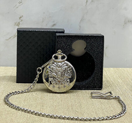 Özel Kutulu Osmanlı Devlet Arması Gümüş Köstekli Saat