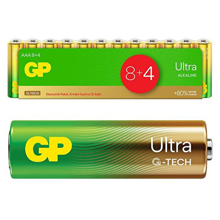 Gp G-Tech 8+4 12Li Paket Aaa Alkalin İnce Kalem Kumanda Pili (8 Adet Fiyatına 12 Adet Pil)
