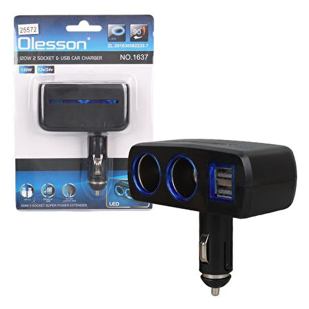Olesson 1637 12-24V Çift Usb Girişli 120W 2'Li Araç Çakmak Çoklayıcı