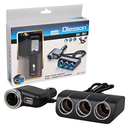 Olesson 1528 12-24V Tek Usb Girişli 120W 80Cm Kablolu 3'Lü Araç Çakmak Çoklayıcı