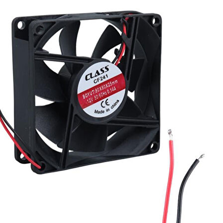 Class Cf-241 Dc12V 80X80X25Mm Aksiyel Fan - 20Cm Siyah-Kırmızı Güç Kablolu