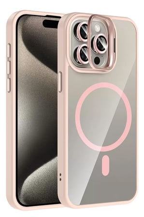 İphone 15 Remim Lensli Standlı Kapak - Pembe