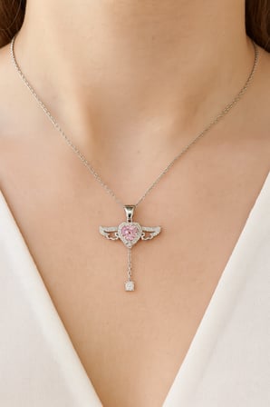 Angelight 925 ayar gümüş melek kanatlı pembe taş kalpli kadın kolye ort.