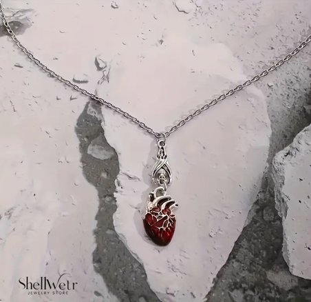 RubiCore Dramatik Gotik tarz kırmızı kalpli 925 ayar gümüş zincir unisex kolye