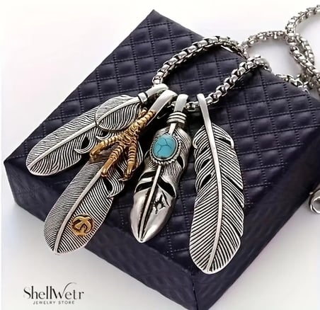 Totem Wings Otantik 4 lü tüy detaylı 925 ayar gümüş zincir unisex kolye  