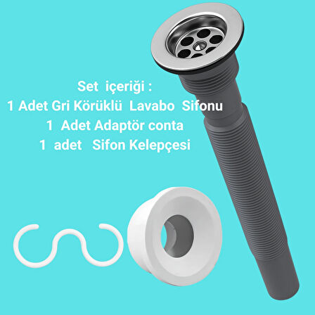 Gri Körüklü Lavabo Sifon Seti | Adaptör Conta + Sifon Kelepçesi Dahil 3’lü Takım