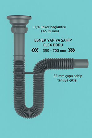 Gri Körüklü Lavabo Sifon Seti | Adaptör Conta + Sifon Kelepçesi Dahil 3’lü Takım