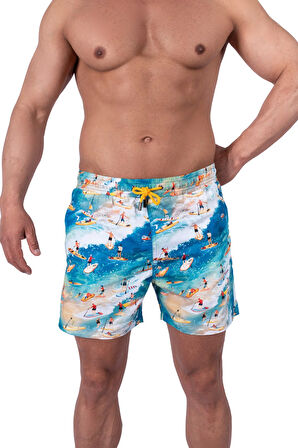 Bronz Surf Spirit Erkek Deniz Şortu Hızlı Kuruyan AquaDry Kumaş, Mavi Tonlar, Fermuarlı Cepli