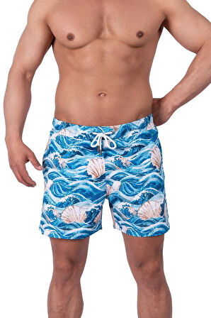 Bronz Ocean Wave Erkek Deniz Şortu Hızlı Kuruyan AquaDry Kumaş, Mavi Tonlar, Fermuarlı Cepli