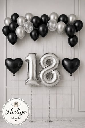 Siyah Gümüş Folyo Rakam Balonlu Yaş Seçenekli Mumlu Konsept Doğum Günü Balon Seti