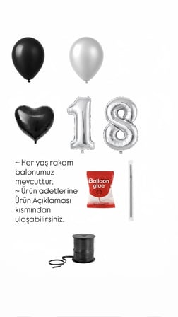Siyah Gümüş Kalp Folyo Konsept Yaş Seçenekli Rakam Balonlu Mini Doğum Günü Balon Seti