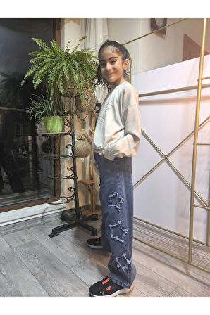 Kız Çocuk Bol Paça Kot Pantolonlu Takım (Sweatshirt+ Beli Lastikli Pantolon) Yıldızlı Mavi