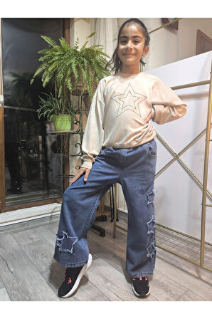 Kız Çocuk Bol Paça Kot Pantolonlu Takım (Sweatshirt+ Beli Lastikli Pantolon) Yıldızlı Mavi