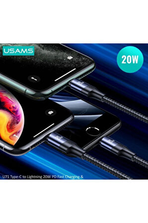 Usams SJ522 20W Lightning Hızlı Şarj ve Veri Aktarımı PD(60W) / (20W) Örgü Siyah 2M