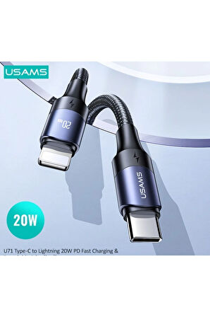 Usams SJ522 20W Lightning Hızlı Şarj ve Veri Aktarımı PD(60W) / (20W) Örgü Siyah 2M