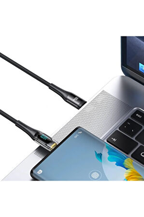 Usams SJ591 Type-C to Type-C PD 100W Şeffaf Dijital Ekran Kablo Hızlı Şarj 2m (Siyah)