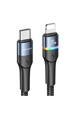 USAMS SJ538 20W Type-C 8Pin PD Alüminyum Alaşımlı Renkli Işıklı Hızlı Şarj ve Veri Kablosu Örgü 1,2M