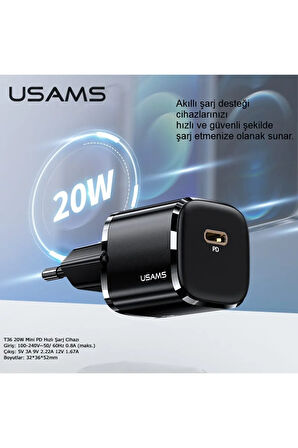 Usams US-CC124 T36 Type-C 20W Super Si PD 3.0 Hızlı Şarj Cihazı iphone Android