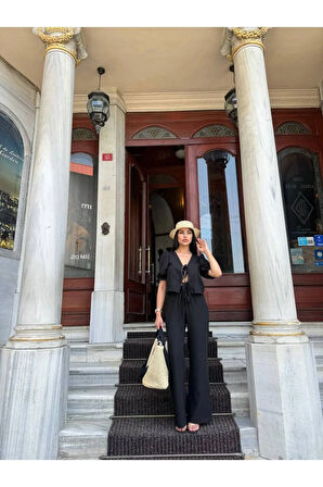 BAĞCIKLI YELEK VE PANTOLON ŞIK KADIN KETEN TAKIM