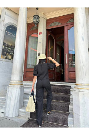 BAĞCIKLI YELEK VE PANTOLON ŞIK KADIN KETEN TAKIM