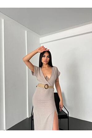 KETEN UZUN YIRTMAÇLI ŞIK ELBİSE KEMER DAHİL GECE