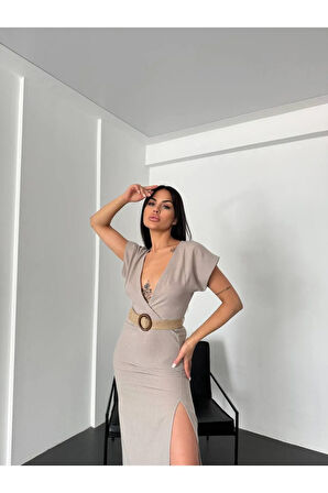 KETEN UZUN YIRTMAÇLI ŞIK ELBİSE KEMER DAHİL GECE