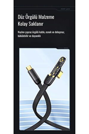 Usams SJ584 100W Type-C to Type-C Dirsek Hızlı Şarj ve Veri Kablosu Oyun Kablo 1.2M Şeffaf Siyah