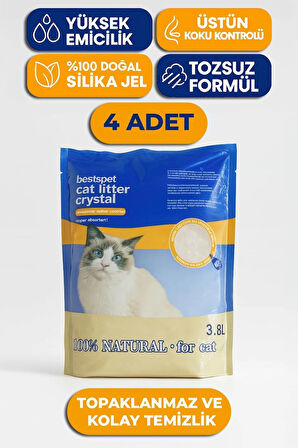 Doğal Silika Kristal Kedi Kumu 3.8 Lt X 4 Adet Tozsuz Kalın Taneli