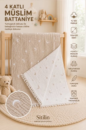 Sitilin 4 Kat Müslin Bebek Battaniyesi Ay Yıldız Desenli Unisex Yenidoğan Hediyesi STL7204