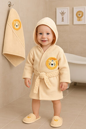 Erkek Bebek Aslan İşemeli Lüks Bornoz Takımı  Havlu Seti Organik  % 100 Pamuk Kumaş 0- 2 Yaş STL7054